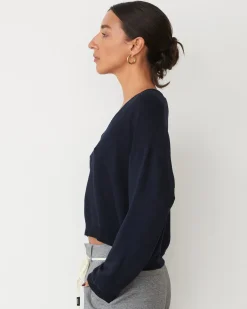 MONROW Softfleece Crop V Neck Sweatshirt DARKNAVY Cheap